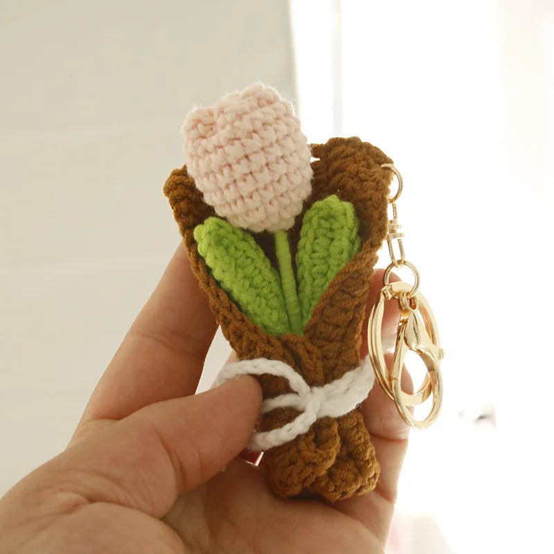 Crochet Flower Bouquet Keychain Handmade Floral Bag Charm