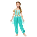 Girls Arabian Princess Costume Belly Dance Jumpsuit Shiny Sequin Tulle Overlay Satin Bodysuit for Halloween Theme Party Carnival