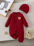 【Baby Boy】Autumn & Winter Red Onesie with Front Single-Breasted Buttons and Cute Bear Badge on Chest + Red Hat SetFeaturing a wa