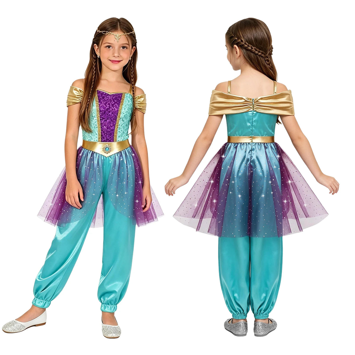 Girls Arabian Princess Costume Belly Dance Jumpsuit Shiny Sequin Tulle Overlay Satin Bodysuit for Halloween Theme Party Carnival