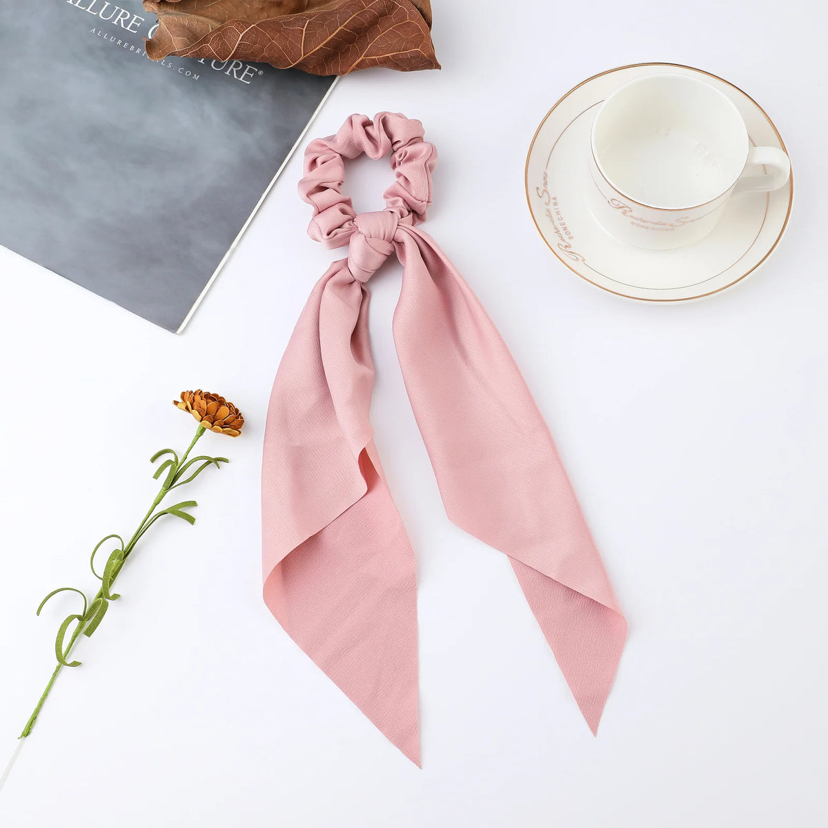 Floral Satin Bow Scrunchie with Long Ribbon Scarf