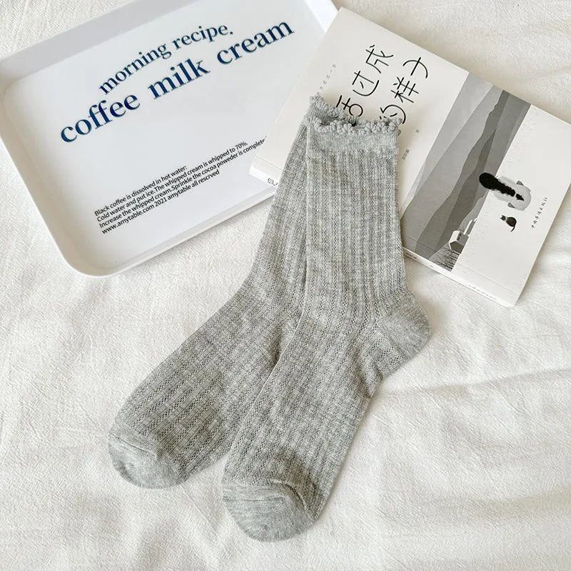 5 Pairs/Lot Women Hollow Mesh Tube Socks Ear Fungus Edge Socks Ins Trendy Spring Summer Loose Mouth Thin Style Girls Pile Socks