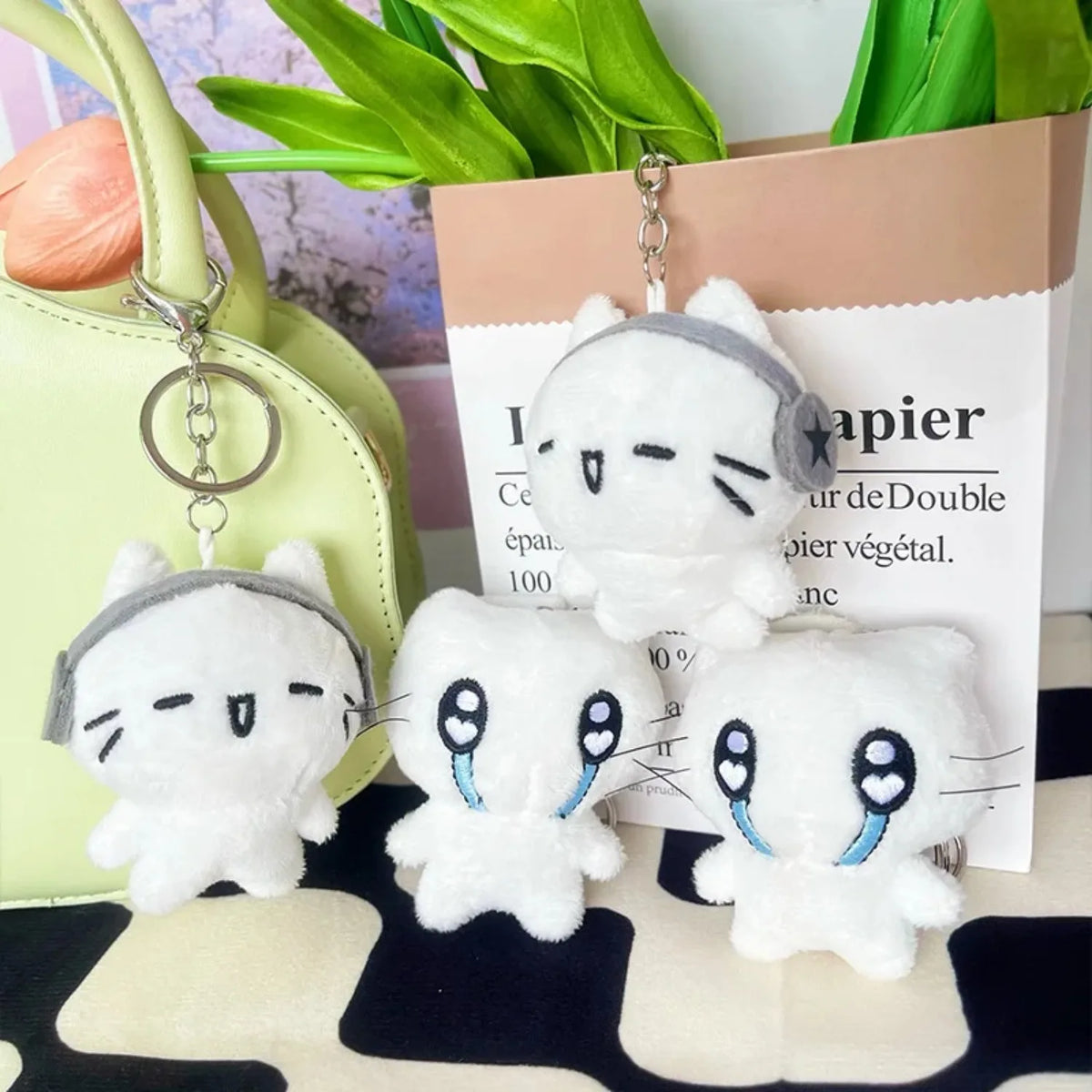 Cute Headphone Cat Plush Keychain Bag Charm for Girls and Kids