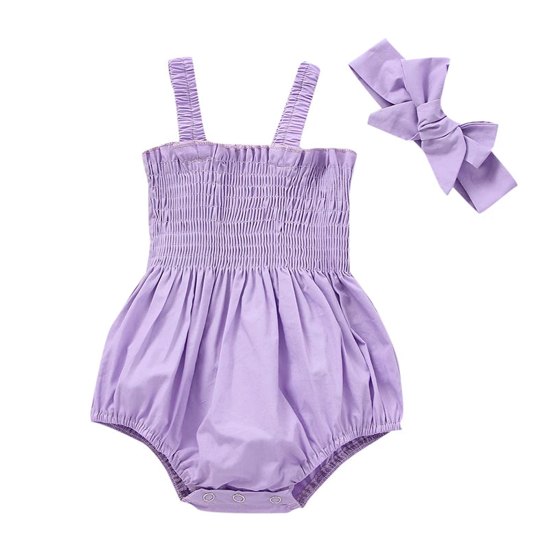 Newborn Baby Girl Romper Summer Sleeveless Smocked Cotton Linen Clothes Outfit with Headband