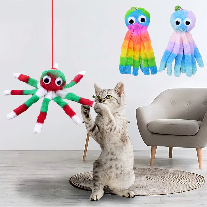 Fashion Hanging Sound Octopus Cat Toys to Relieve Boredom and Self-Exciting Plush Octopus Elastic Rope Teasing Cat Stick Pet Toy