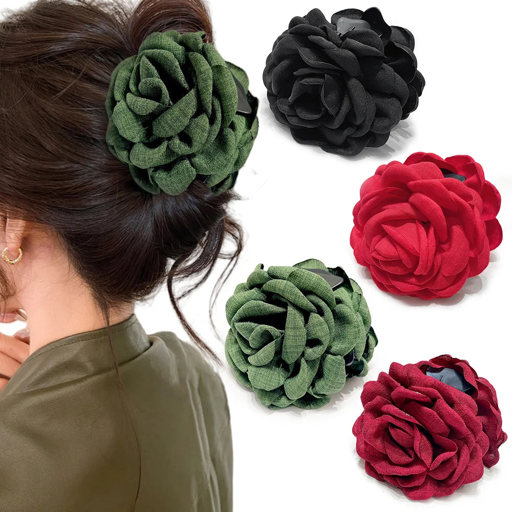 Cotton Rose Flower Hair Claw Clip – Medium Shark Clamp