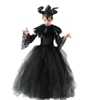 Halloween Costume Fashion Tutu Dress For Girls Cosplay Evil Queen Black Mesh Princess Dress Kids Crow Wand Demon Witch Gown