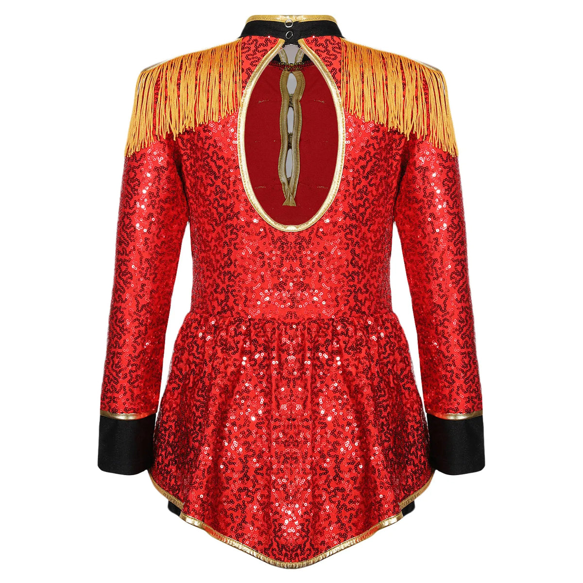 Girls Shiny Sequins Circus Ringmaster Magician Drummer Costume Lion Tamer Long Sleeve Fringe Epaulet Bodysuit for Halloween