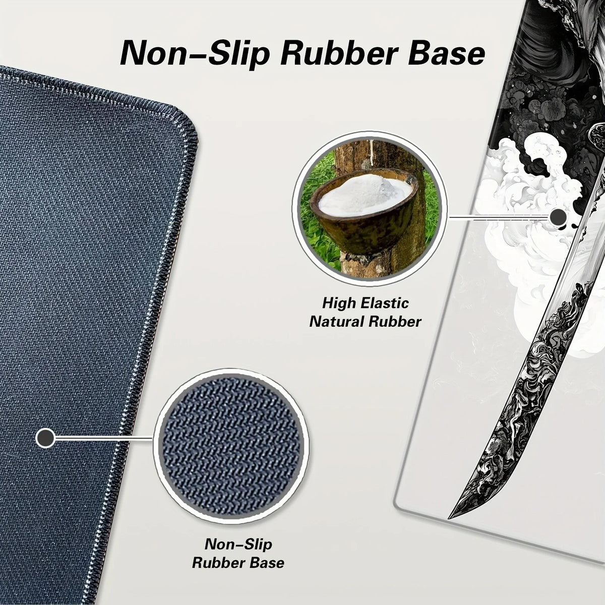 Extended gaming mouse pad with Japanese samurai design, oversized, seam edge, washable, non-slip rubber sole, 31.5x11.8 inches