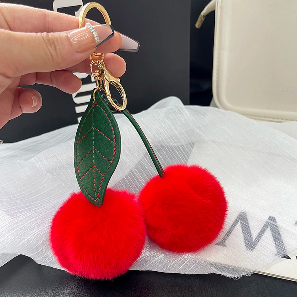 Cute Fluffy Cherry Fur Ball Keychain Bag Pendant Charm