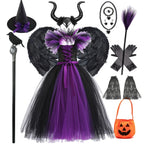 Children Cosplay Apparel for Halloween 2025 Maleficent Costume Tutu Dress Girl Evil Queen Disguise Witch Gown Villain Costume