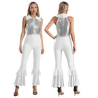 Womens 70s Disco Shiny Sequins Jumpsuit Sleeveless Turn-Down Collar Zipper Rhinestone O-Ring Front Tiered Bell-Bottom Bodysuit