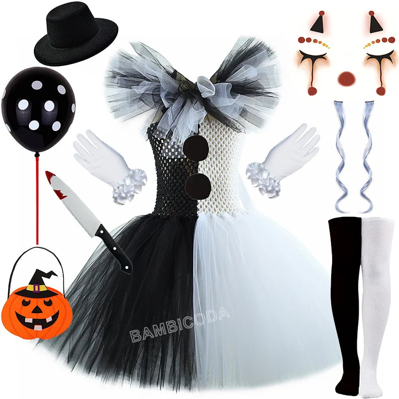 Girls Horror Clown Costume – Black & White Tutu Dress