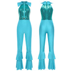 Womens 70s Disco Shiny Sequins Jumpsuit Sleeveless Turn-Down Collar Zipper Rhinestone O-Ring Front Tiered Bell-Bottom Bodysuit