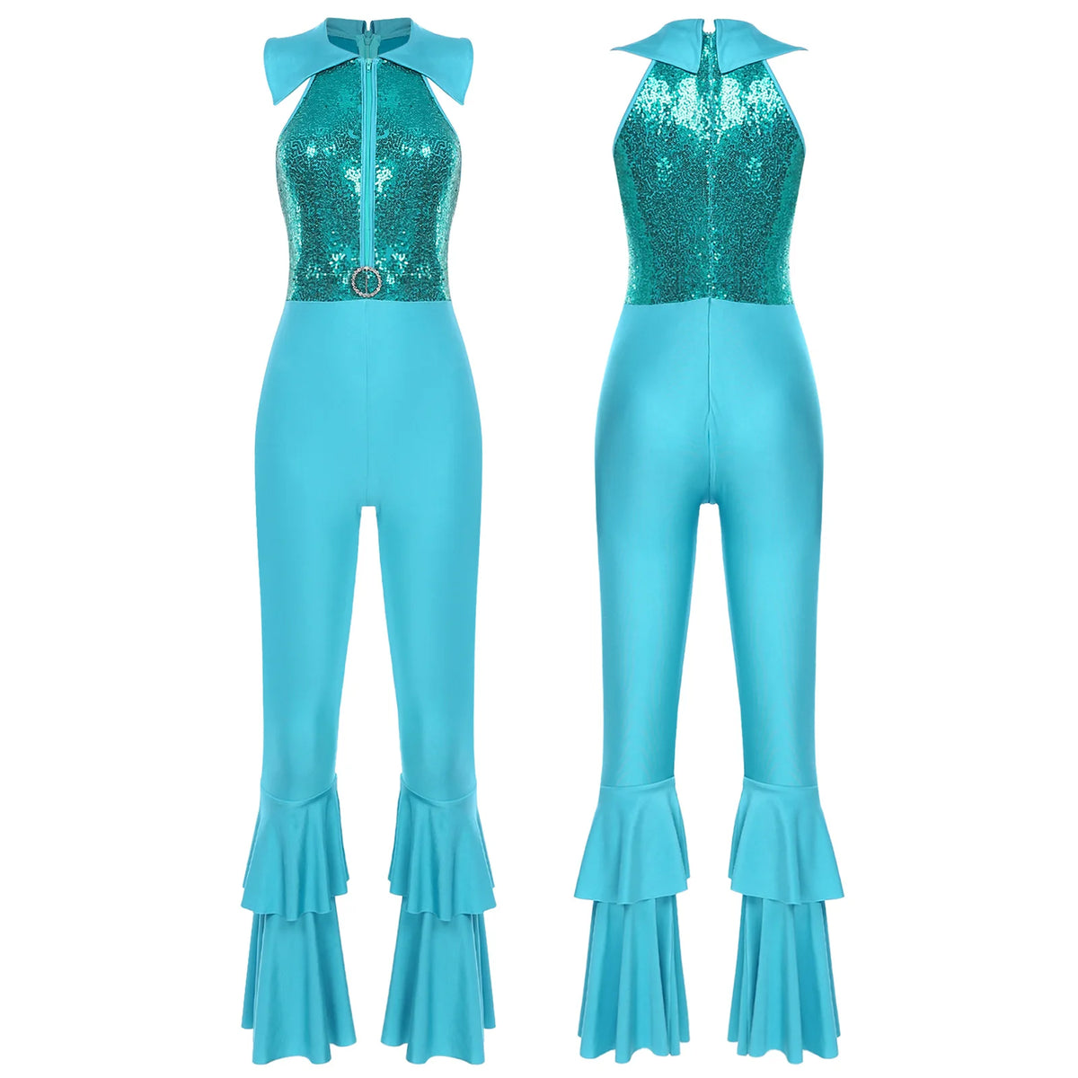 Womens 70s Disco Shiny Sequins Jumpsuit Sleeveless Turn-Down Collar Zipper Rhinestone O-Ring Front Tiered Bell-Bottom Bodysuit