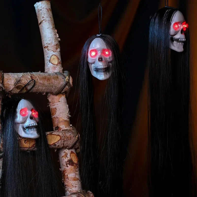 Glowing Eyes Halloween Hanging Ghost Skeleton Prop Long Hair Decoration for Indoor Outdoor Haunted House Party Spooky Display