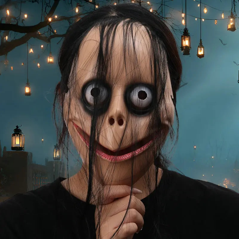 New Halloween Horror with Long Hair Cosplay Female Ghost Mask Roleplay Masks Funny Mask V-shaped Mouth Mask Party Tricky Toys