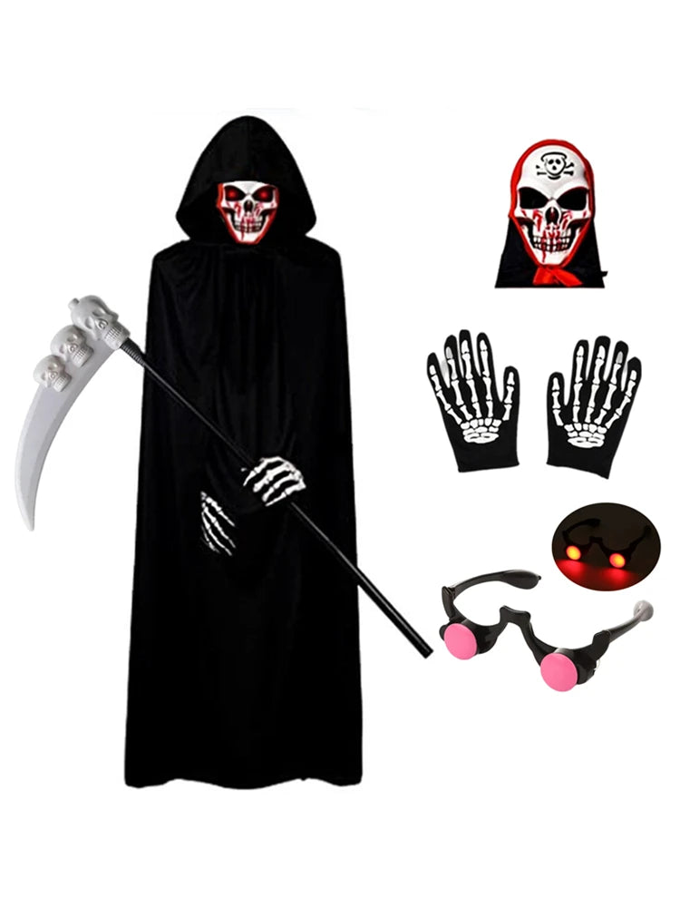 Kids Grim Reaper Costume with Glowing Red Eyes – Halloween Scary Outfit