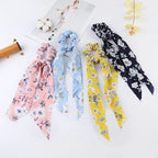 Floral Satin Bow Scrunchie with Long Ribbon Scarf