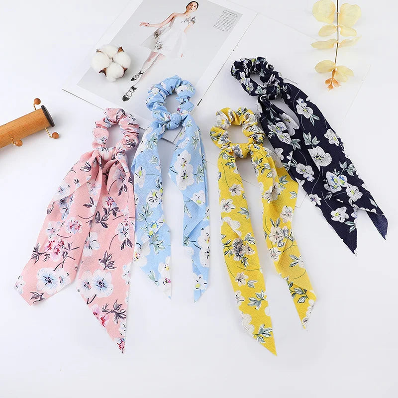 Floral Satin Bow Scrunchie with Long Ribbon Scarf
