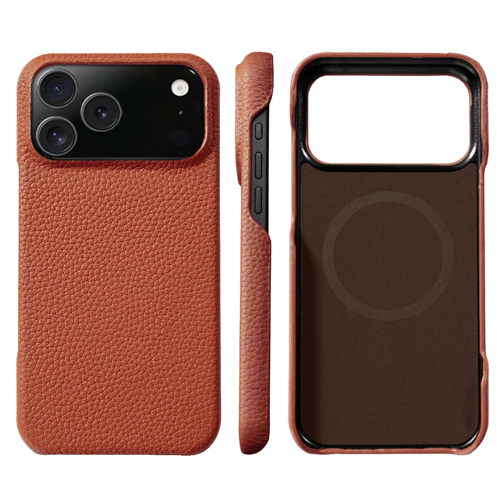 for Magsafe Case for iPhone 17 15 16 18 Pro Max Air Lychee Natural Cowhide Leather Magnetic Protector Luxury Phone Back Cover