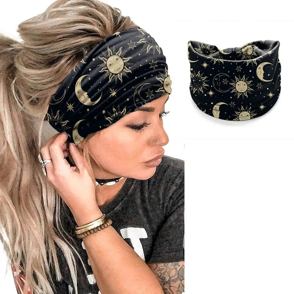 Boho Print Wide Knot Elastic Headband for Women