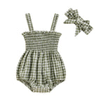 Newborn Baby Girl Romper Summer Sleeveless Smocked Cotton Linen Clothes Outfit with Headband