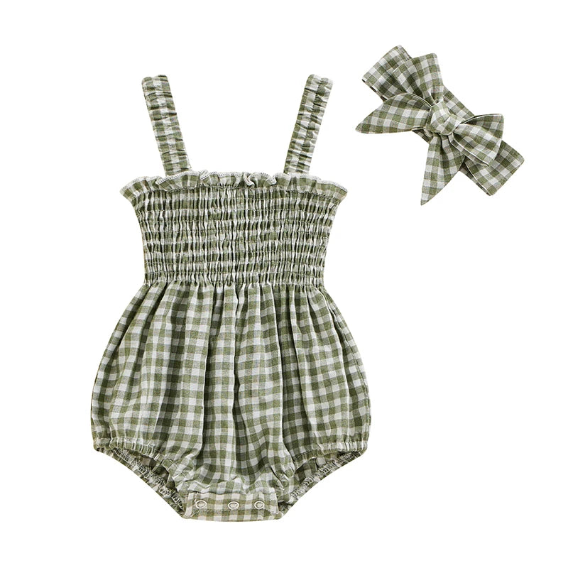 Newborn Baby Girl Romper Summer Sleeveless Smocked Cotton Linen Clothes Outfit with Headband
