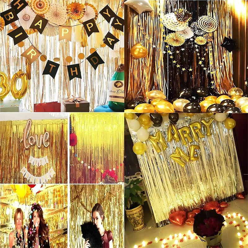 2Meters Party Backdrop Curtains Glitter Gold Tinsel Fringe Foil Curtain Birthday Wedding Decoration Adult Anniversary Decortion