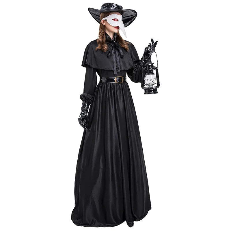 Halloween Medieval Hooded Robe Plague Doctor Costume Mask Hat for Men Monk Cosplay Steampunk Priest Horror Wizard Cloak Cape 5XL