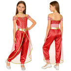 Girls Arabian Princess Costume Belly Dance Jumpsuit Shiny Sequin Tulle Overlay Satin Bodysuit for Halloween Theme Party Carnival