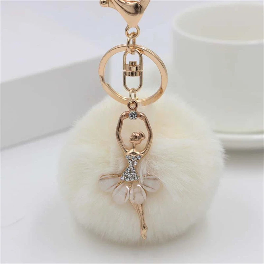 Rhinestone Ballet Dancer Plush Ball Keychain for Women and Girls