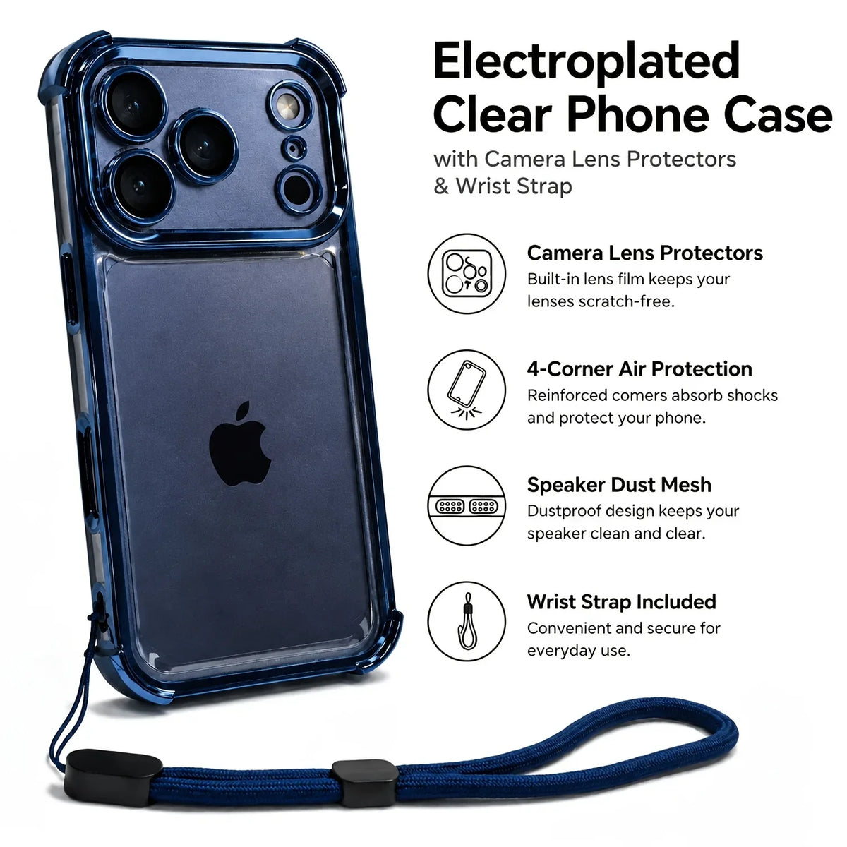 Luxury Transparent Shockproof Phone Case For iPhone 18 17 13 12 Pro Max 16 15 14 Plus Air with Wrist Strap Lens Protector Cover
