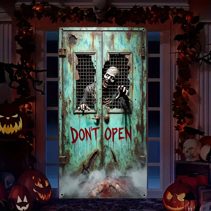 2D door banner, 1 piece, 2D/ flat horror skeleton zombie "Do not Open the Door" hanging door curtain, party decoration
