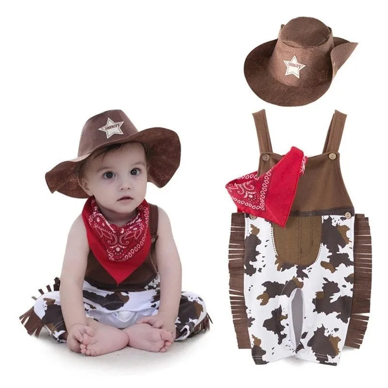 Baby Boy Clothes cowboy Costume Infant Toddler Cowboy Set 3Pcs Hat Scarf Romper  Birthday Holiday Cosplay Outfits