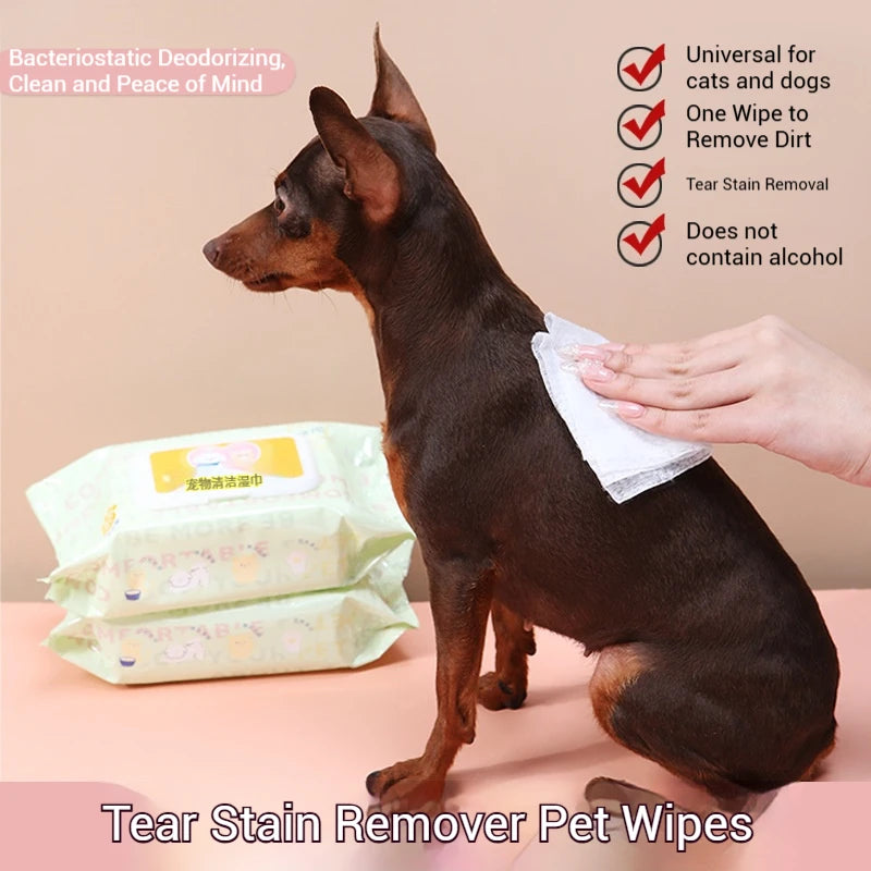 3 Packs, 80 Pet Wipes Per Pack, Pet Wipes for Cats and Dogs, Specially Designed for Wiping Tear Stains and Cleaning Body Parts, No-Rinse Deodorizing Cleaning Wet Wipes