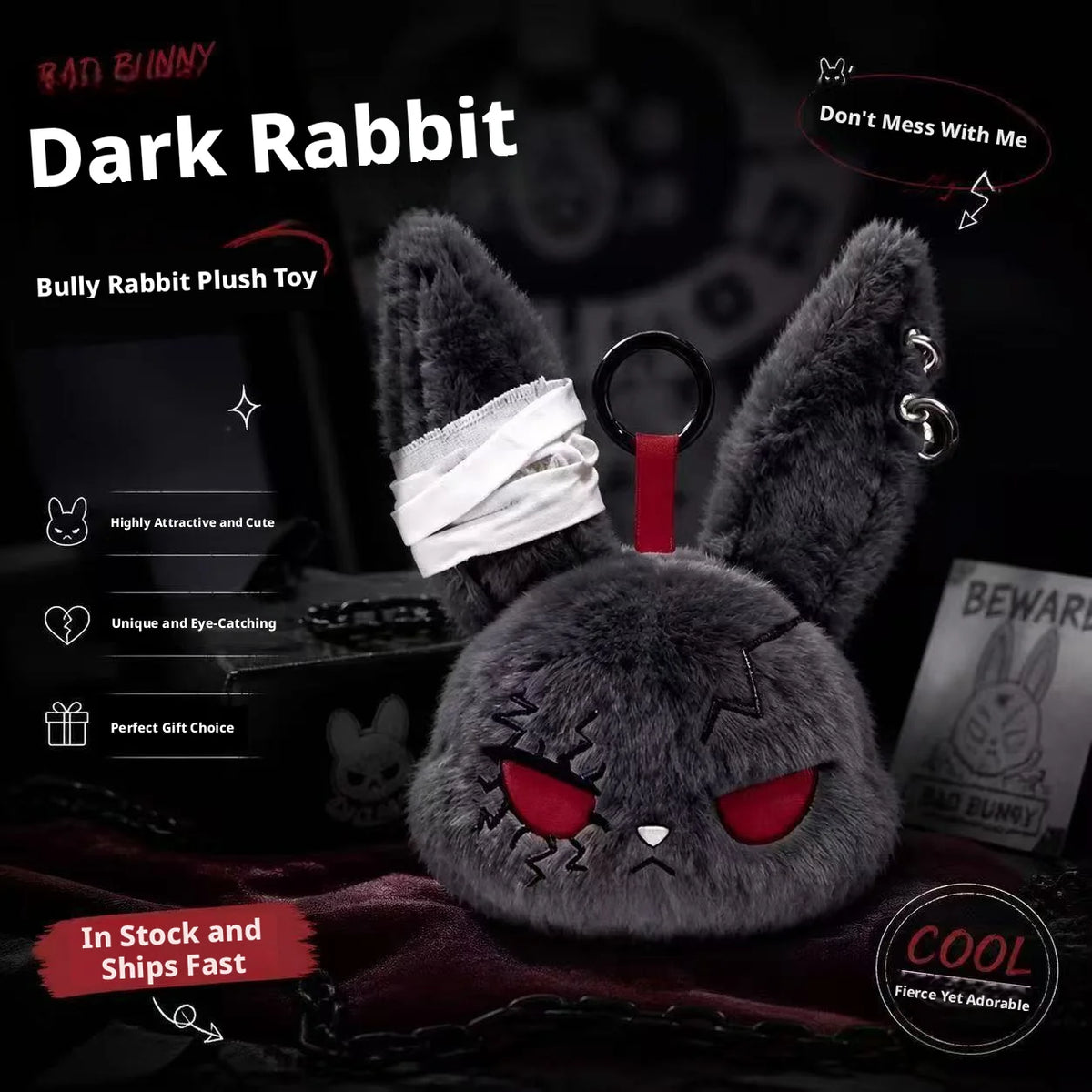 Gothic Bunny Plush Keychain RabbitBag Charm with Bandage Desian Kawaii Key Ring Pendant Car Bag Ornament Gift To