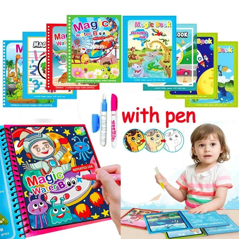 Magic Water Drawing Book with Reusable Coloring Pen for Kids Fun