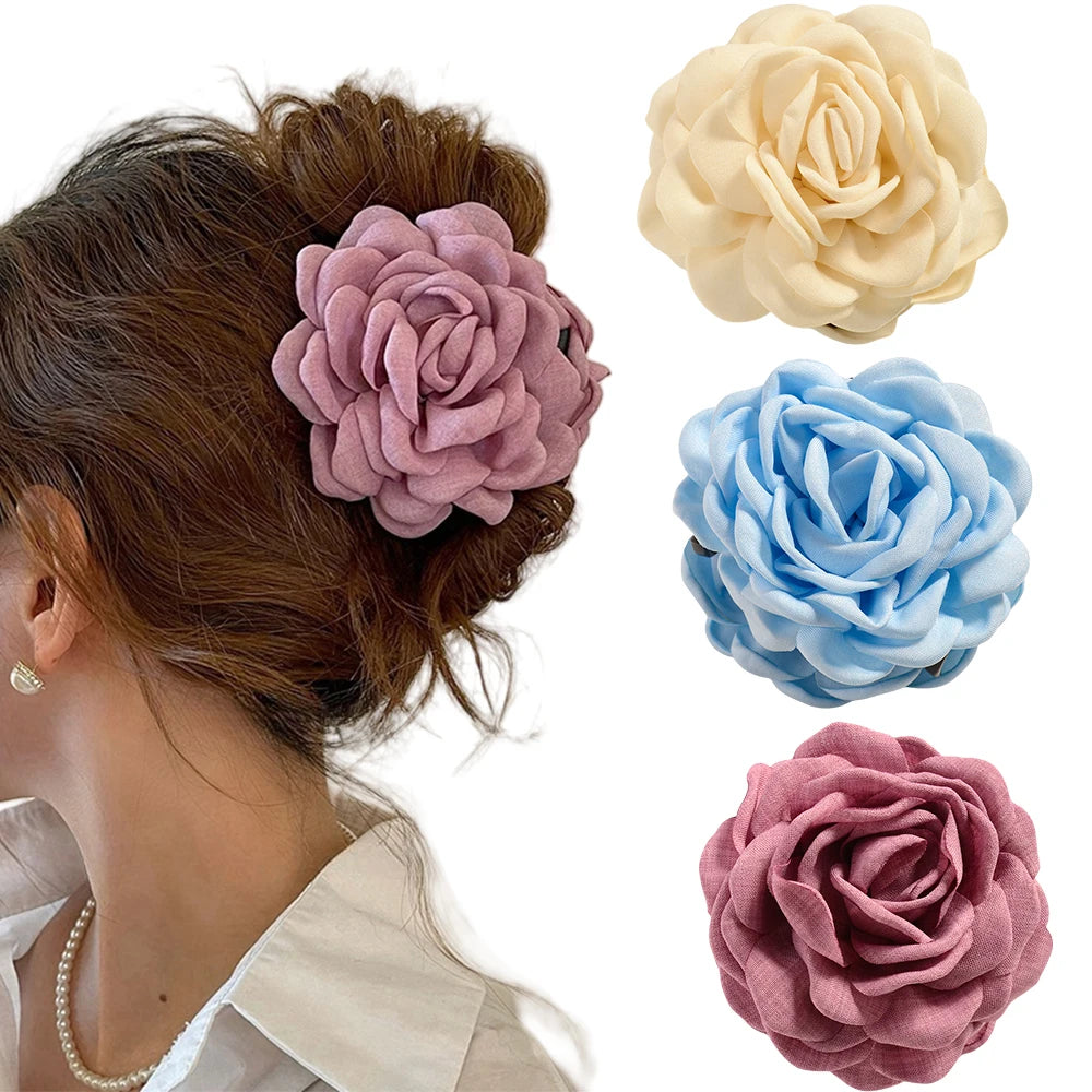 Cotton Rose Flower Hair Claw Clip – Medium Shark Clamp