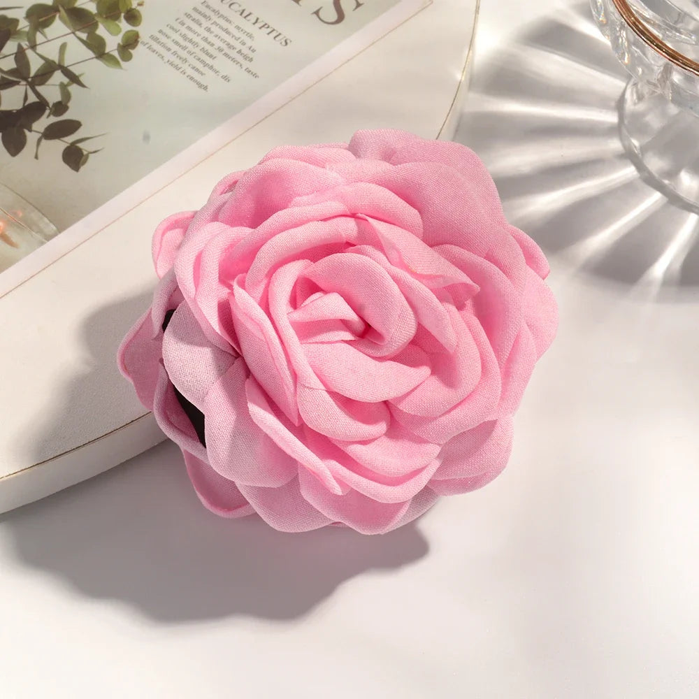 Cotton Rose Flower Hair Claw Clip – Medium Shark Clamp
