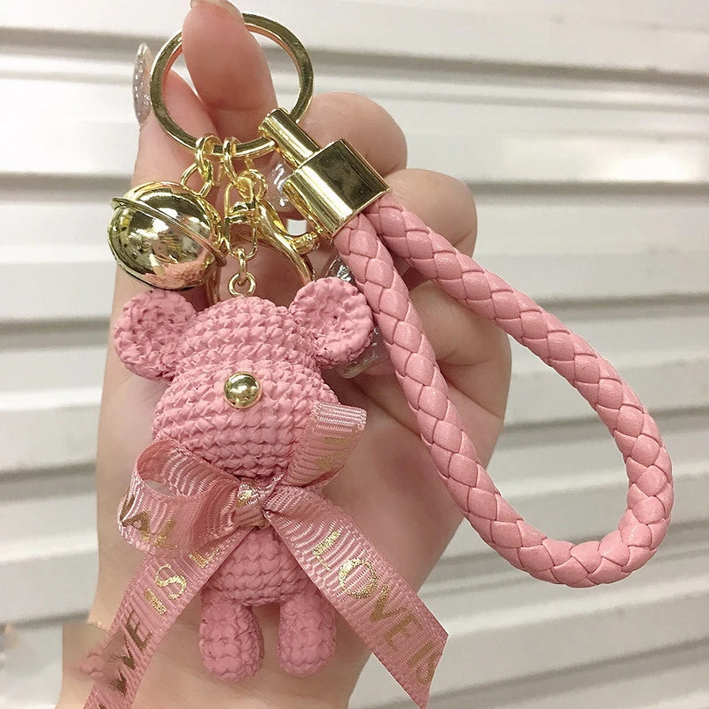 Cute Bear Key Chain Resin Bow Bell Rabbit Keychain Weaving Fashion Doll Bag Pendant Holiday Car Key Ring For Girls Gift