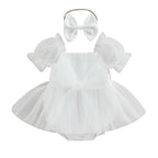 0-24M Infant Baby Girl Romper Dress Solid Color Short Sleeve Front Bowknot Tulle Jumpsuit Headband Baby Girl Summer Clothes