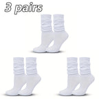 3 Pairs Women Pile Up Socks Fashionable Trendy Versatile White Solid Color Basic Socks Comfortable Breathable Mid Length Socks
