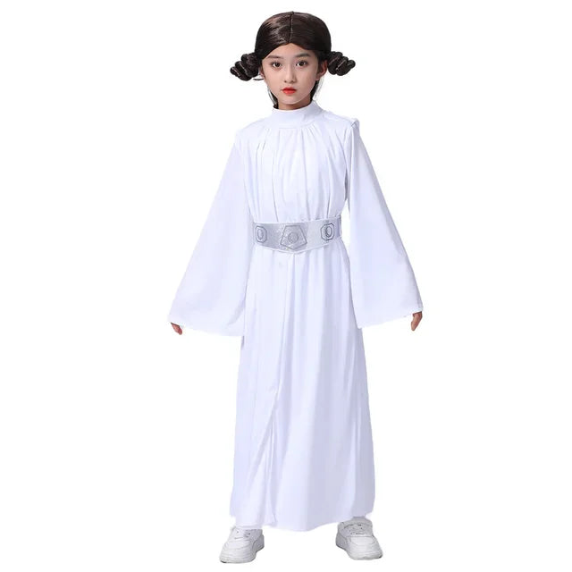 Child Princess Leia Cosplay Fancy-dress Girls White Hooded Robe Kids Outfit With Wig Halloween Carnival Party Costume