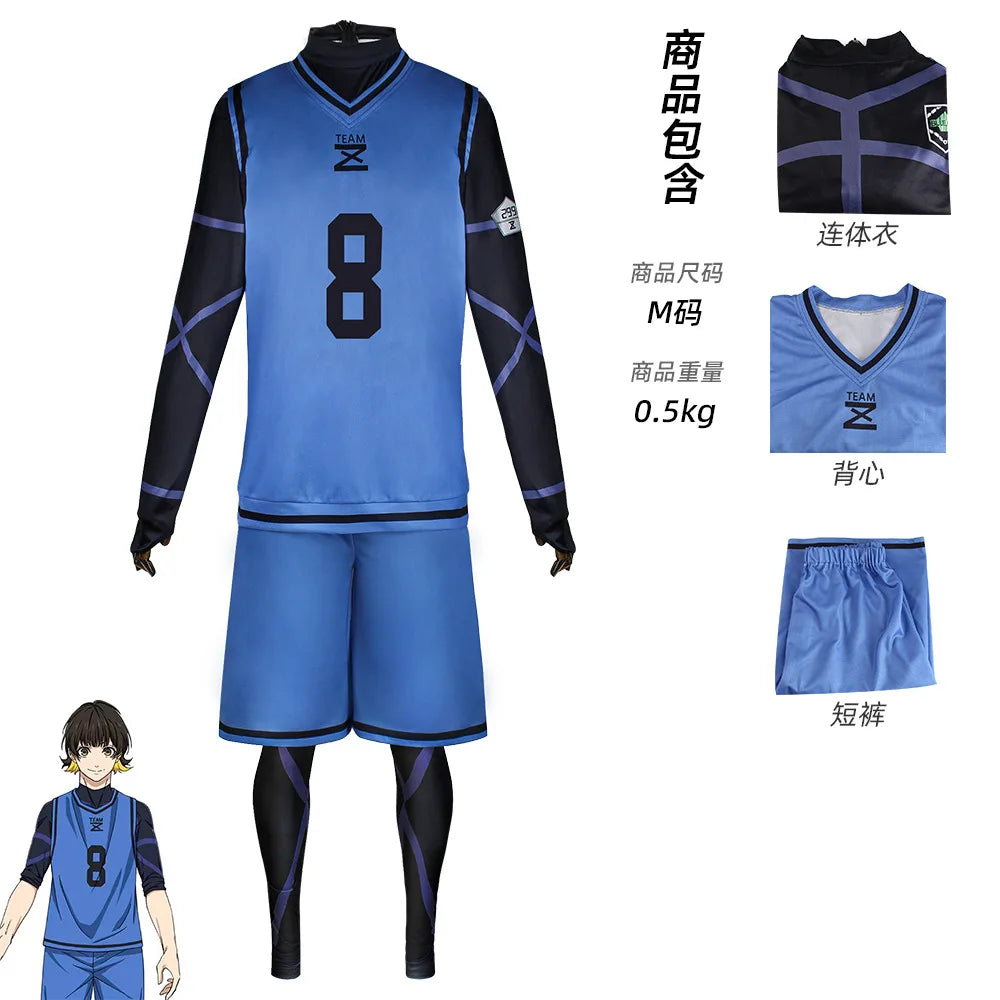 Anime Bachira Meguru Cosplay Costume Football Jersey Sportswear Blue Uniform Bodysuit Halloween Christmas Party Outfit