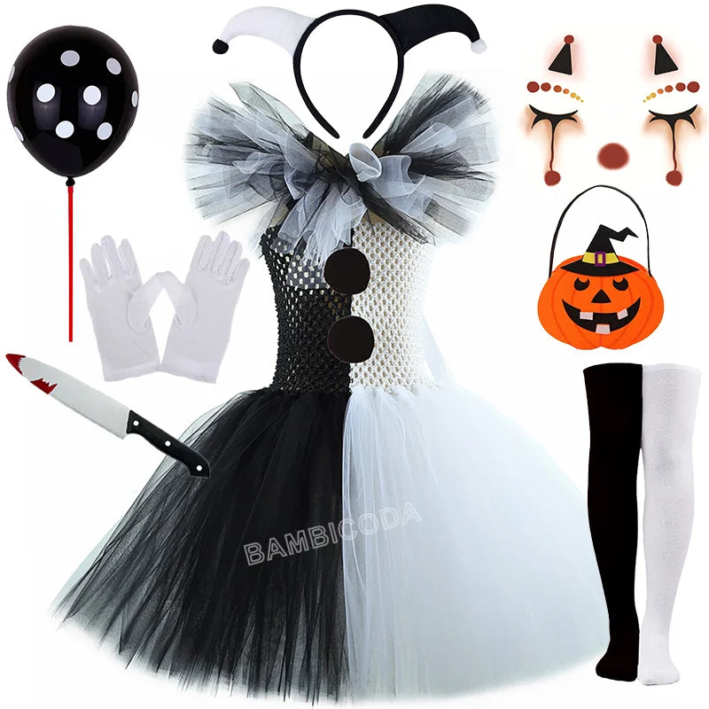 Girls Horror Clown Costume – Black & White Tutu Dress