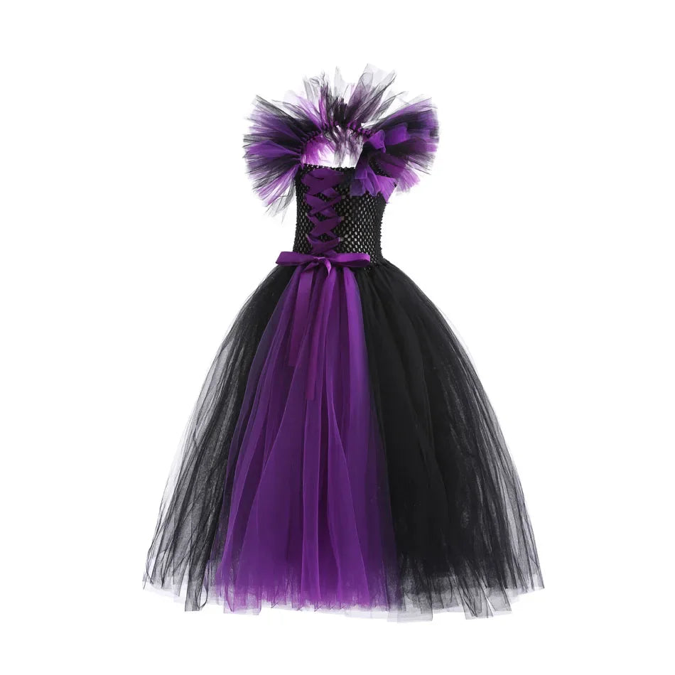 Children Cosplay Apparel for Halloween 2025 Maleficent Costume Tutu Dress Girl Evil Queen Disguise Witch Gown Villain Costume