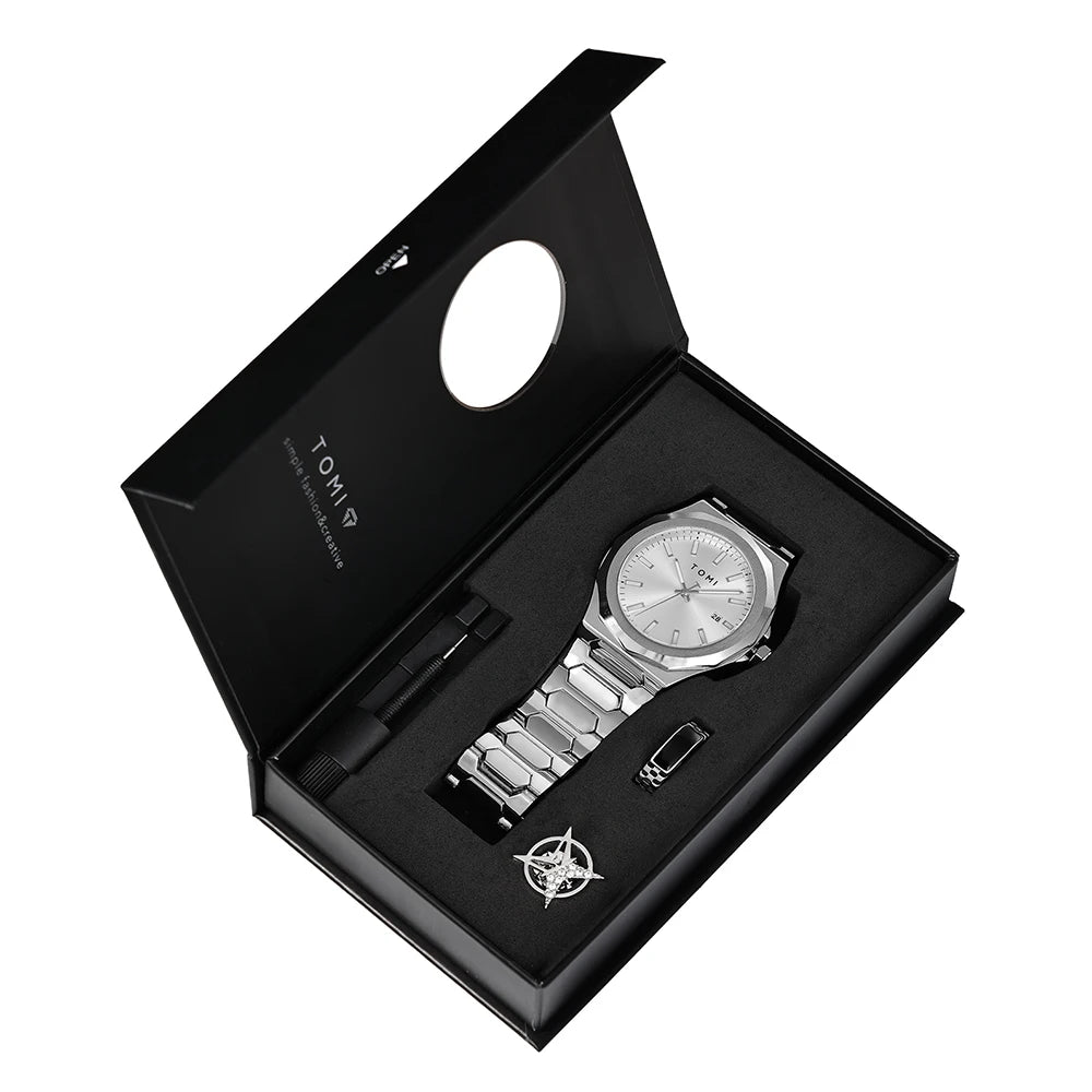 TOMI Luxury Business Men's Watch Gift Box Set High Quality Rose Gold Case Simple and Versatile Quartz Watch Relogio Masculino