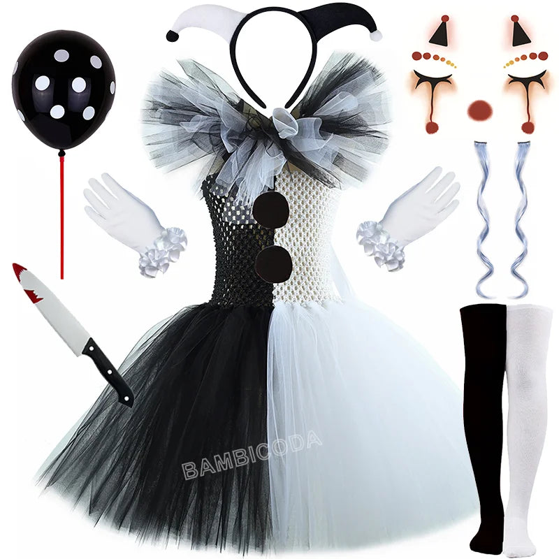 Girls Horror Clown Costume – Black & White Tutu Dress