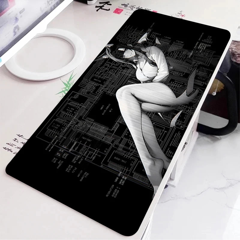 Black and White Anime Girl Table Mat Large Mouse Pad Office Keyboard Edge Locking Desk Mat Gaming Accessories Non-slip Mousepad